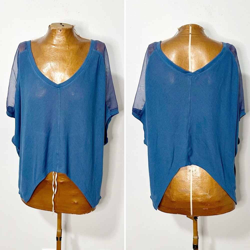 Fate Basic Cornflower Blue Handkerchief Hem Top with Sheer Shoulder Detail